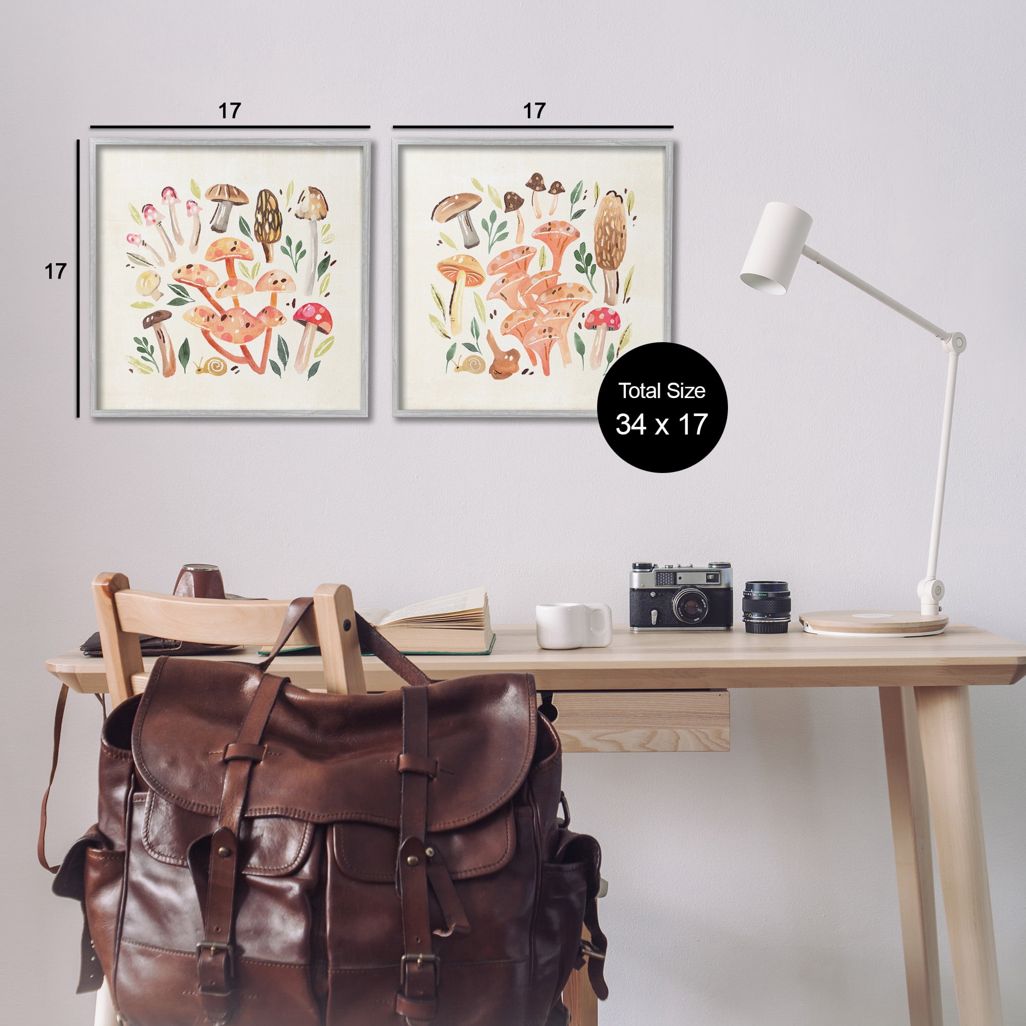 Stupell Industries Mushroom & Leaves Pattern Botanical & Floral Painting Gray Framed Art Print Wall Art, 17 x 17, Set of 2