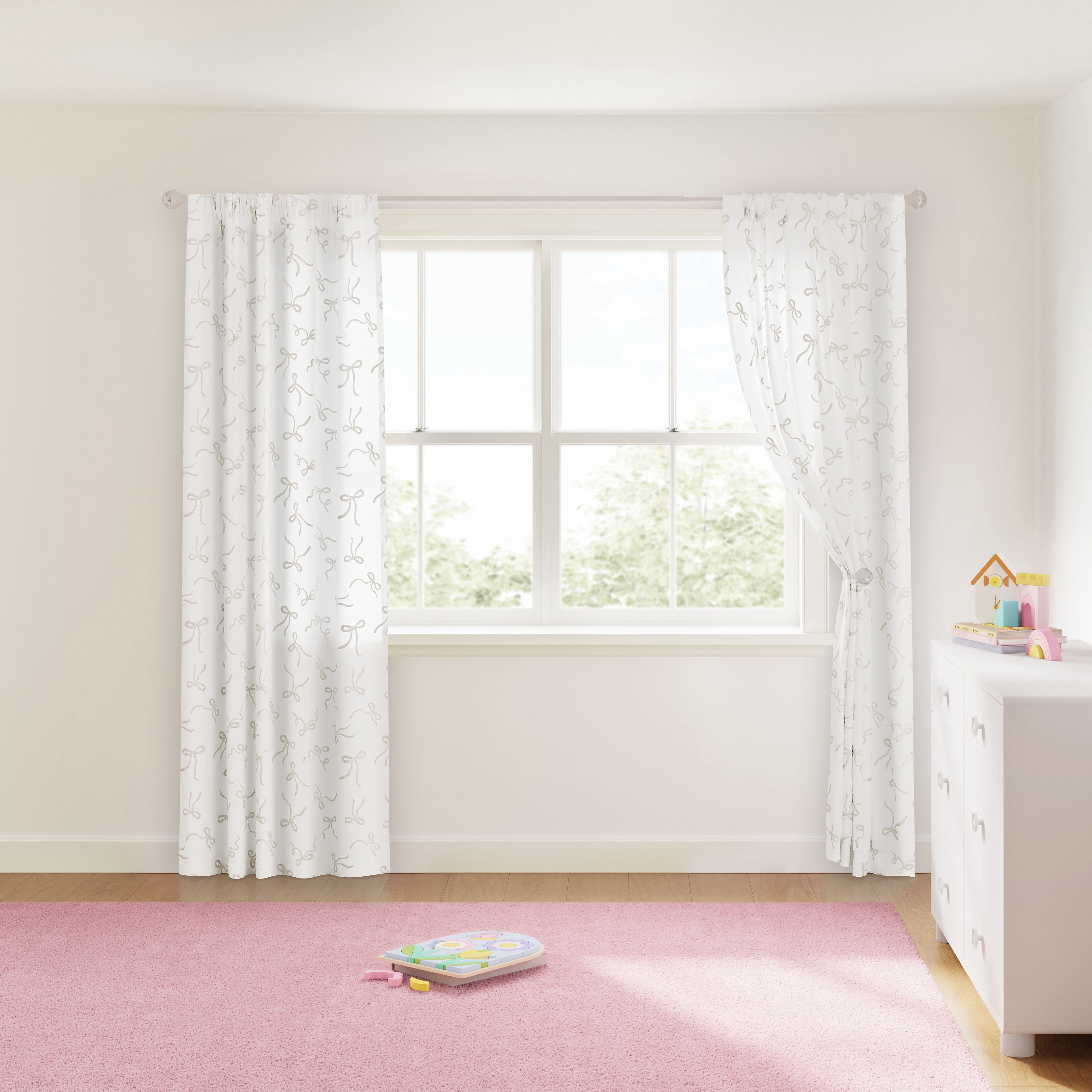 Mainstays Kids Embroidered Ribbons Light Filtering Sheer Curtain Panel, White, 38 x 95 in