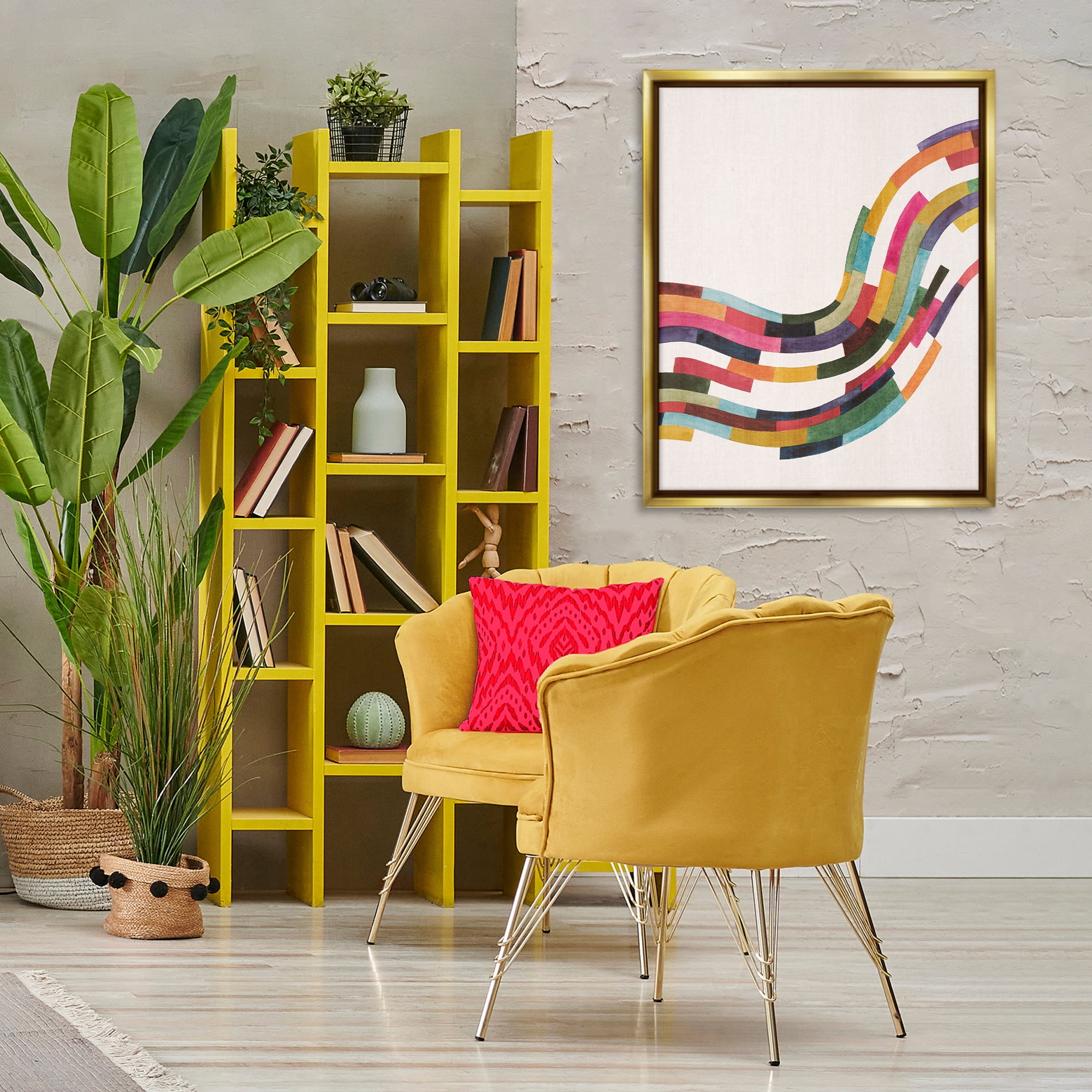 Stupell Industries Curved Geometric Wave Abstract Painting Gold Floater Framed Canvas Art Print Wall Art, 25 x 31