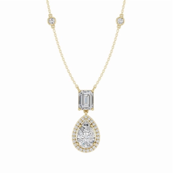 KEEVA JEWELS 5.55 Carat Moissanite Emerald, Round & Pear Cut Drop Halo Stone Necklace for Women Made in Yellow Gold Plated Silver