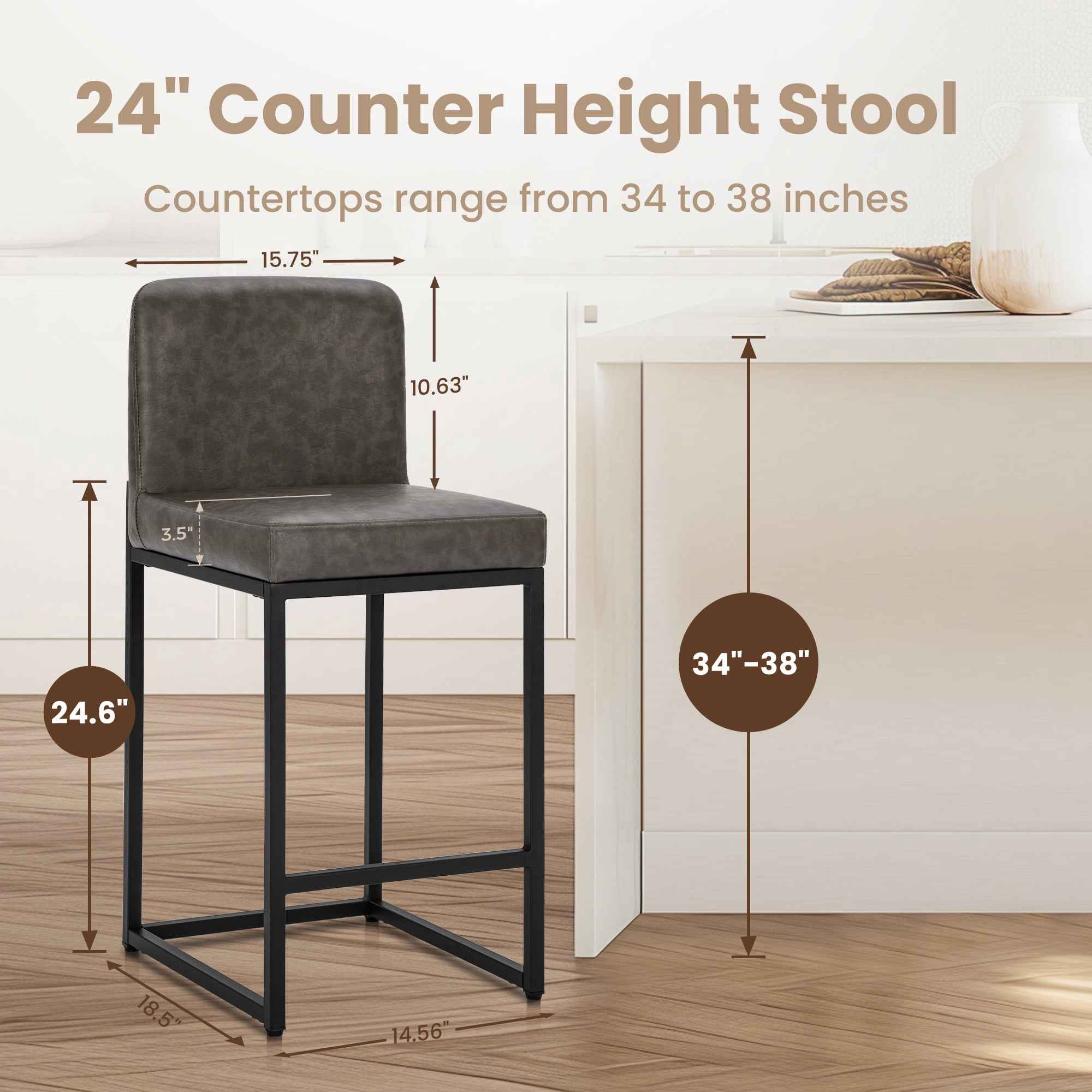 Sophia & William 24.6" Bar Stools Set of 4 PU Leather Counter Height Bar Stools with Back Modern Counter Height Chair for Kitchen Island, Gray