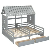 Twin Wood House Double Platform Beds with for Kids, Gray