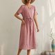 thumbnail image 4 of Puntoco Vestido De Falda De Una Línea De Cintura Con Cordones De Manga Corta Informal Estampado Con Cuello Redondo De Primavera Y Verano Para Mujer Vestido De Cuello Redondo De Manga Corta Rosa Xxl, 4 of 4