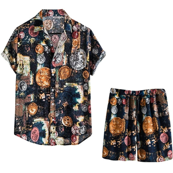 Summer Savings! Stamzod Men's Suits Clearance Men's Hawaiian Set Print Short Sleeve Shirt And Short 2 Piece Vintage Outfits Sets Casual Button Beach Suits