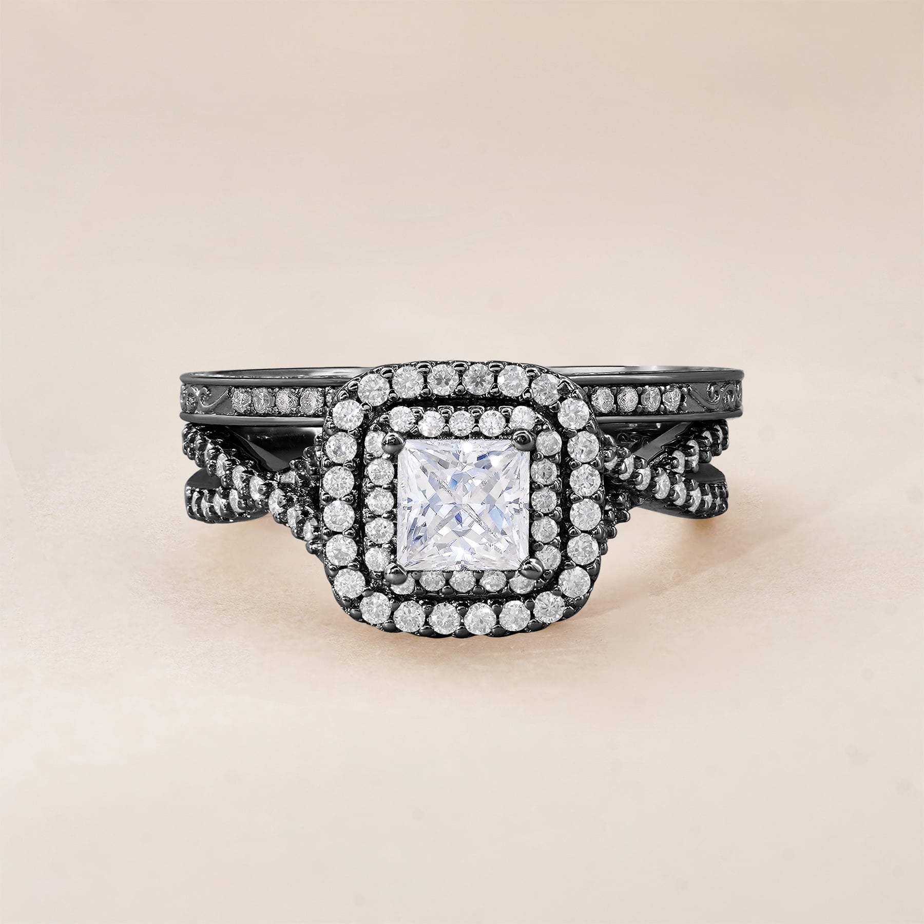 JeenMata 1.25 Carat Square Moissanite Engagement Ring for Women, Double Halo Bridal Wedding Ring Set with Twisted Band in 18K Black Gold Plated