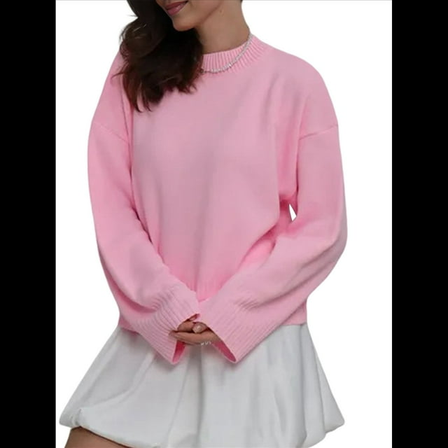 Suéteres de Cuello Redondo para Mujer, Conjuntos de Otoño, Tops de Punto Acanalado de Larga A Rosa L