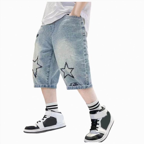 mgoYE Boy Star Patchwork Denim Shorts Mid Rise Casual Loose Summer Streetwear Baggy Jeans Jorts(Blue,5-6 Years)