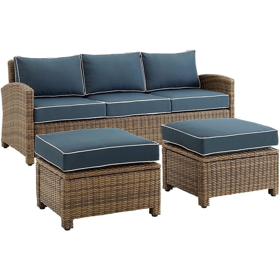 Maykoosh Rustic Ranch Outdoor Wicker 3-Piece Seating Set - Includes Sofa and 2 Ottomans in Weathered Brown Finish with Navy Cushions, Ideal for Outdoor Lounging