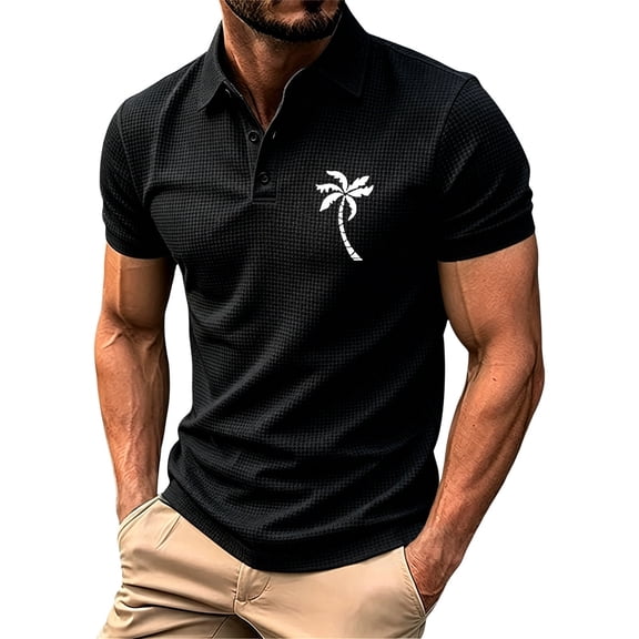 Men's Polo Shirts Short Sleeve Summer Fashion Coconut Tree Print Casual Large Sized Loose Mesh Lapal Shirt
