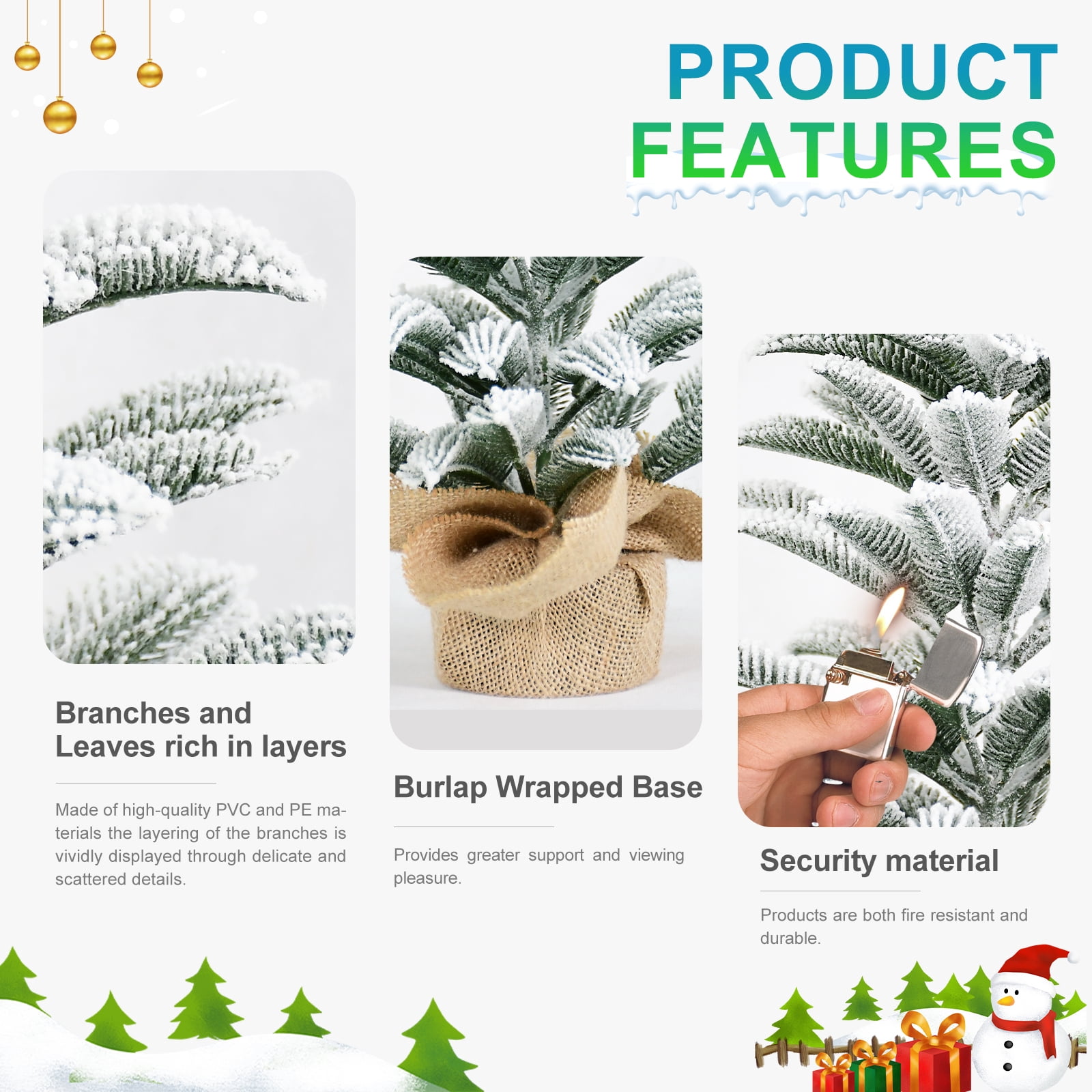 Full PE Realistic Snowy Mini Christmas Tree 50cm with 85 Tips Flocked Finish Weighted Cement Base Burlap Wrap Compact Tabletop Holiday Decor
