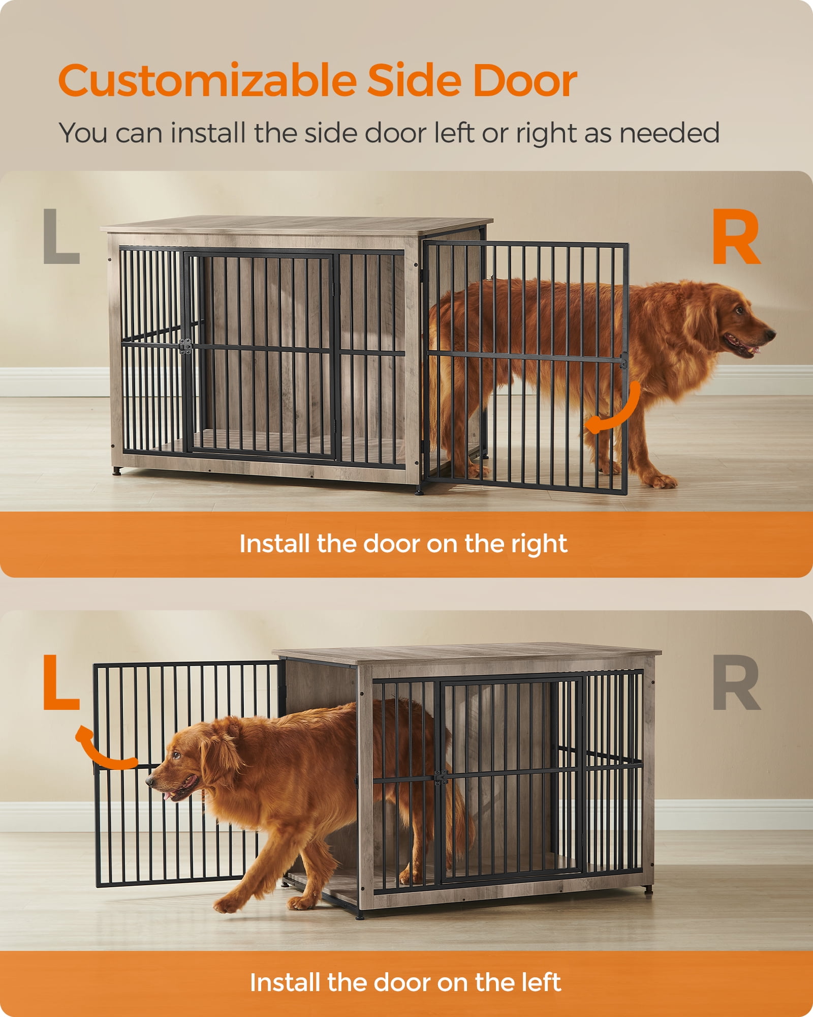 Feandrea Dog Crate Furniture, 43.3" Side End Table, Modern Kennel for Dogs Indoor up to 80 lb, Heavy-Duty Dog Cage with Enclosed Base, Double-Door Dog House, Heather Greige