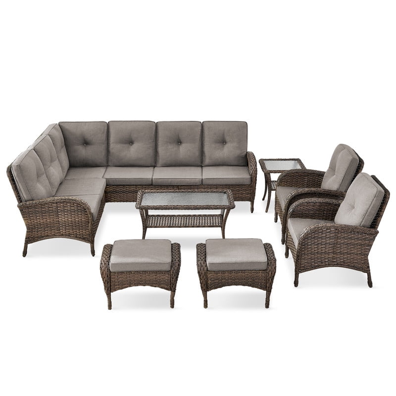 PARKWELL 8-Piece Outdoor Sectional Furniture Set,Patio Wicker L Shaped Couch High Back Conversation Set with Coffee Table Armchair for Garden Yard,Brown Wicker Gray Cushion
