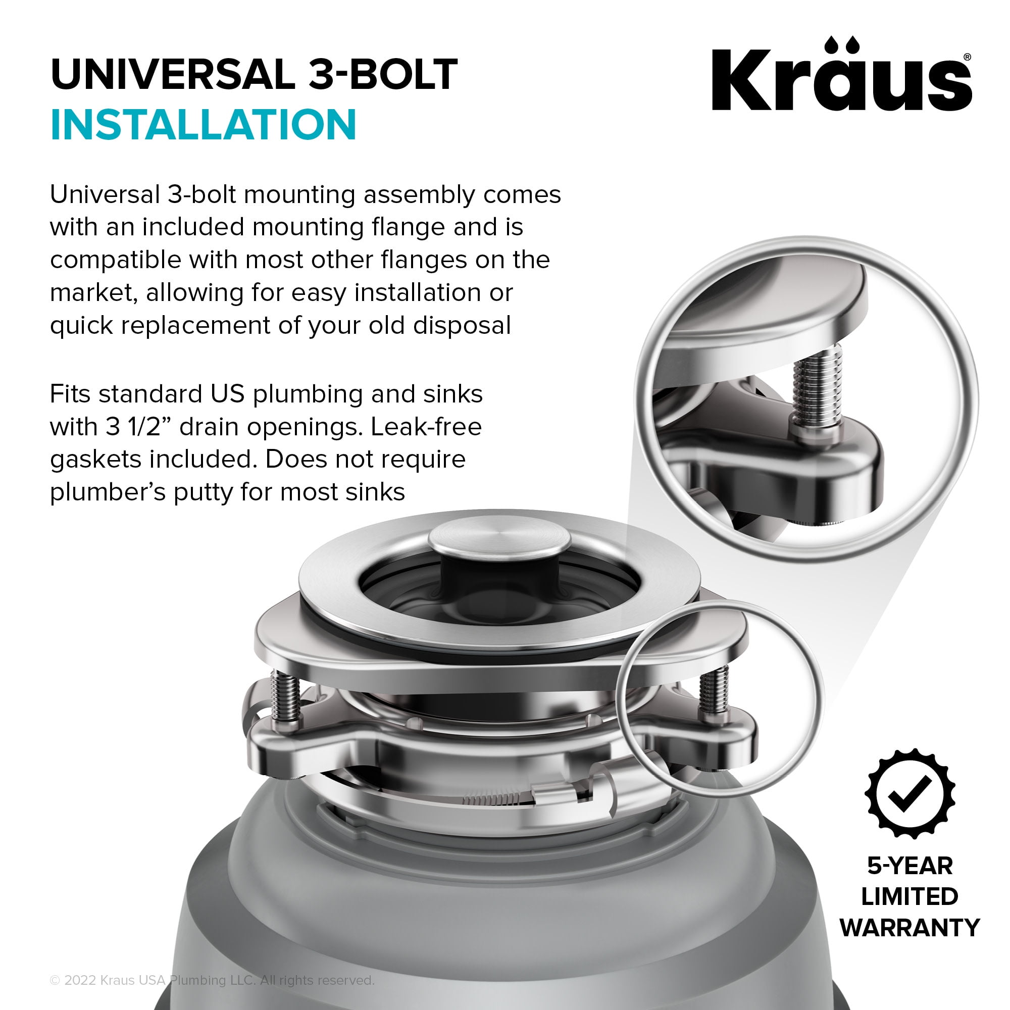 Kraus KWD200-100MGR 1 Hp Continuous Feed Garbage Disposal - Grey