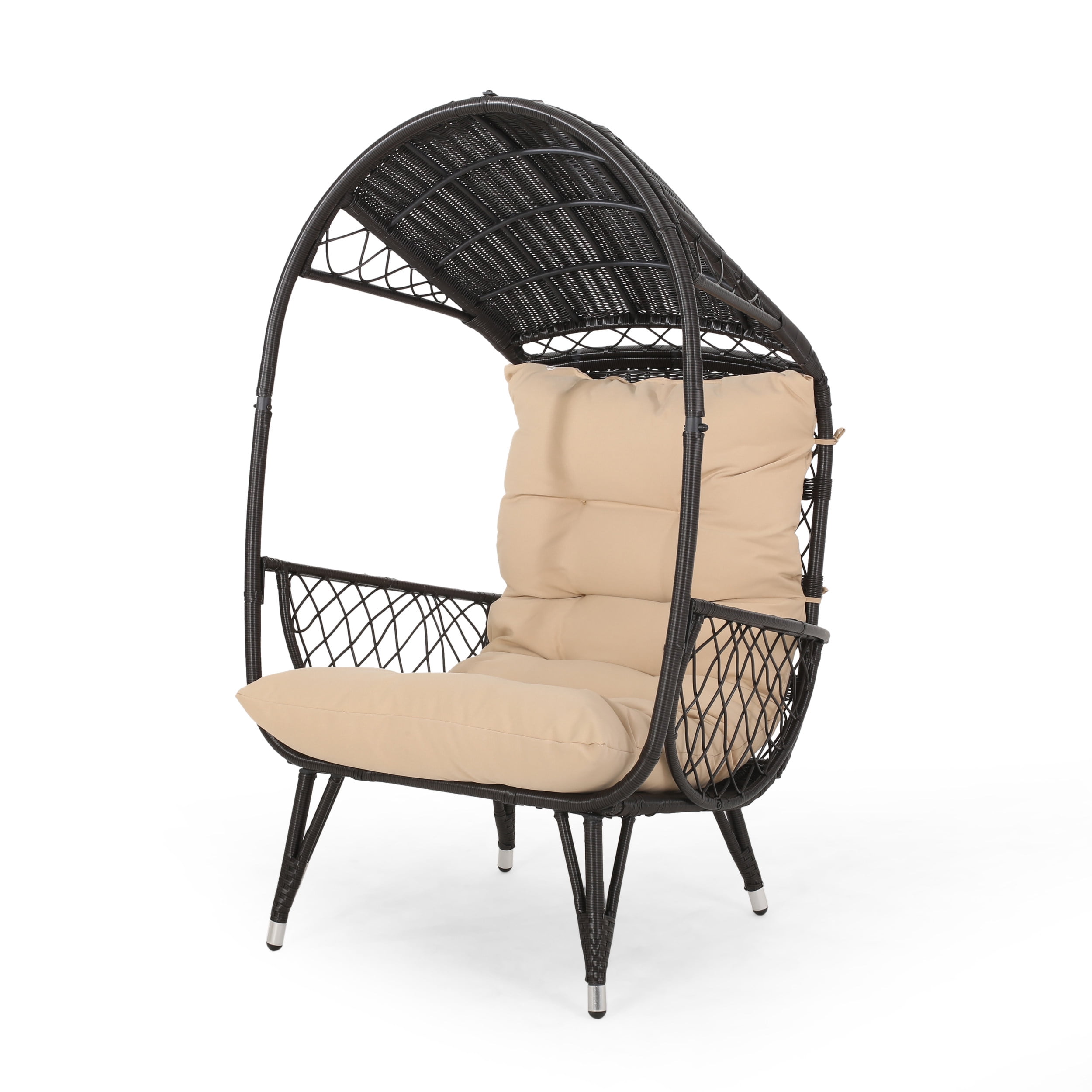 Outdoor Standing Basket Style Leisure Chair, Wicker Weave Single Relaxing Seat for Patio Garden, Button and Beige