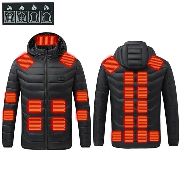 Cadancy Womens Mens Heated Jacket with Hood Battery USB Rechargeable 4 Temperature Modes 25 Heating Zones Thermal Quilted Jackets Zipper Pockets Winter Outdoor Warm Coat
