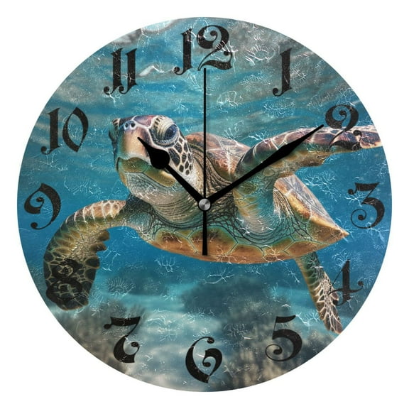 Wall Clock 10 Inch Silent Non-Ticking 8 Turtle under Sea Battery Operated Rustic Retro for Living Room Home Kitchen Bathroom