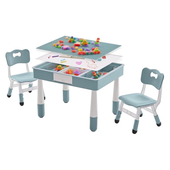 4 in 1 Kids Table and 2 Chairs Set with Storage, Toddler Table and Chair Set for Kids Ages 3-10, Graffiti & Building Blocks Double-Sided (Grayish Blue, 2 Chairs)