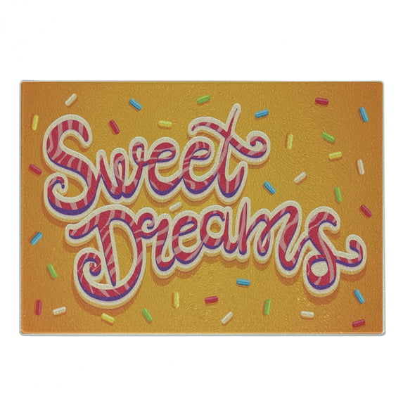 Saying Cutting Board, Hand Drawn Composition of Candies with Lettering Design on Warm Background, Decorative Tempered Glass Cutting and Serving Board, Small Size, Multicolor, by Ambesonne