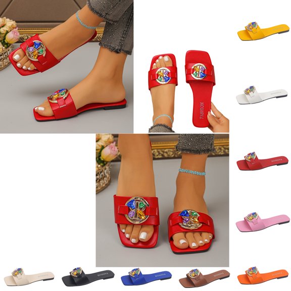 Samdudou Slide Sandals for Women Open Toe Square Slip On Flats Dazzling Rhinestone Gem Embellished Strap Casual Summer Beach Vacation Dressy Indoor Outdoor Mules