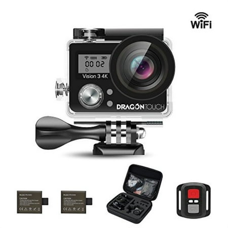 Dragon Touch Vision 3 4K Sports Action Camera Ultra HD 30m Underwater Waterproof WiFi 16MP DV Camcorder 170 Degree Wide 2 inch LCD Screen/Remote Control/ 2 Rechargeable Batteries/ 19 Mounting