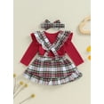 thumbnail image 4 of Suealasg 3Pcs Baby Girl Fall Clothes Flying Sleeve Romper +Plaid Print Suspender Skirt + Headband Set 3 6 12 18 24 Months Infant Girl Autumn Outfits, 4 of 7