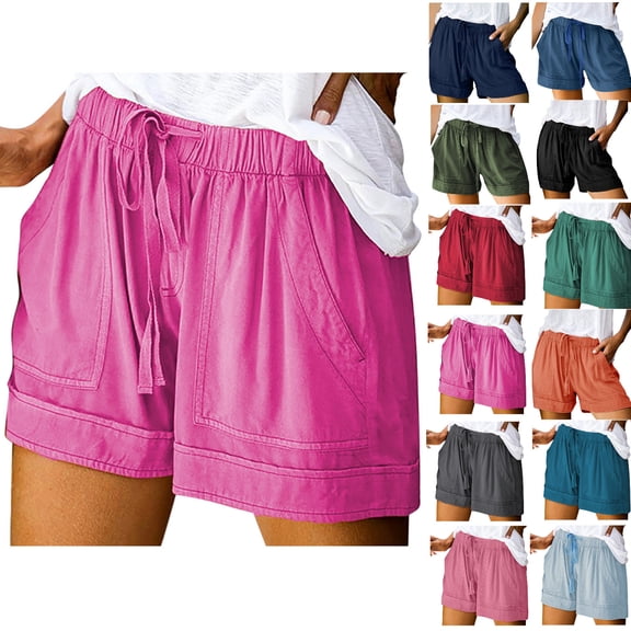 Npasoilc Shorts for Women Summer Plus Size Mid Waisted Comfy Drawstring Elastic Waist Solid Color Beach Lightweight Casual Loose Short with Pockets