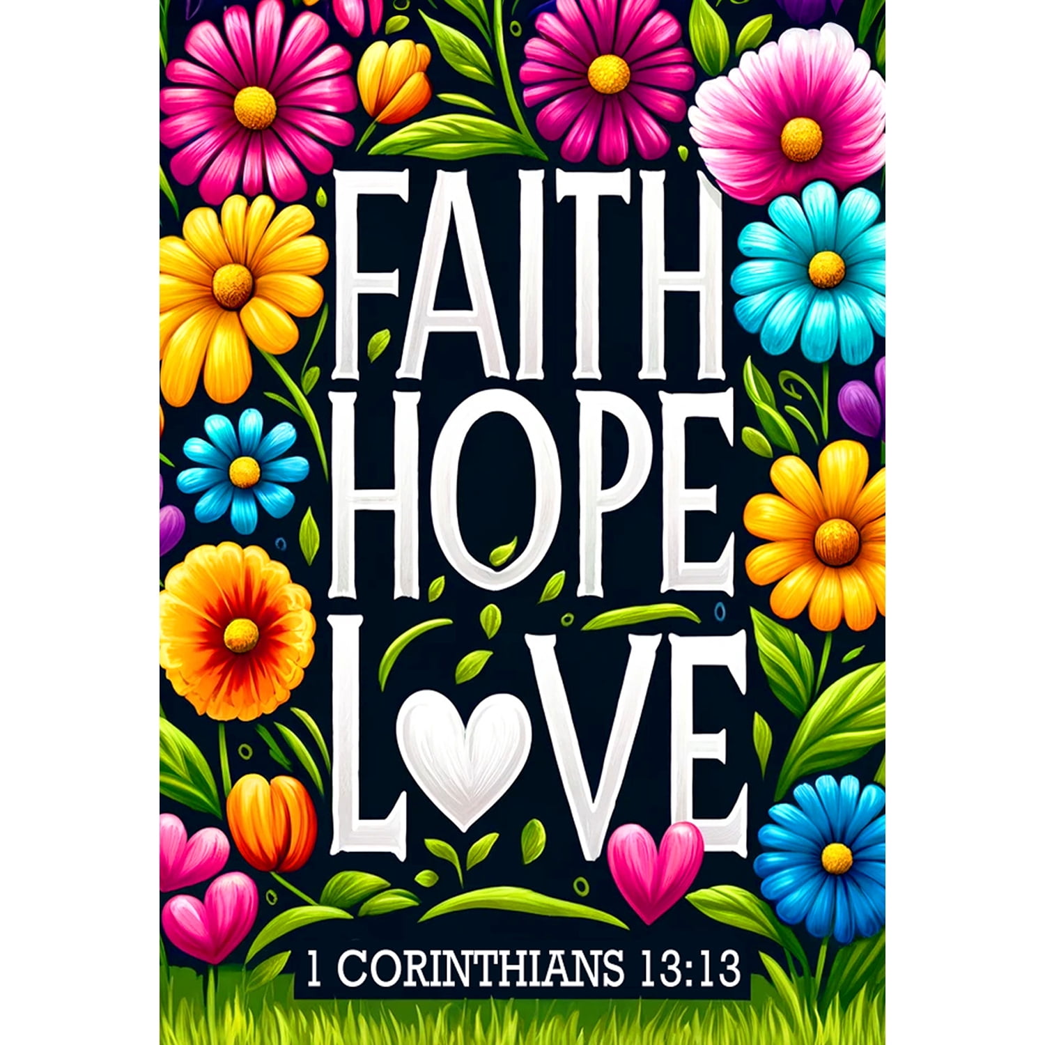 America Forever Faith Hope Love House Flag, 28 x 40 inch Double Sided, 1 Corinthians 13:13 Scripture Floral Christian Religious Inspirational Outdoor Decor