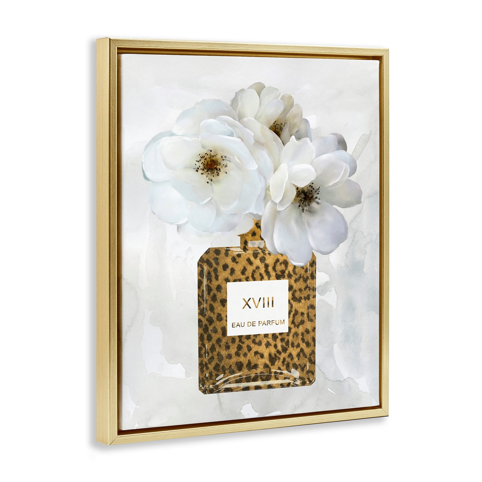 Stupell Industries Leopard Print Perfume Bottle Glam White Spring Florals Metallic Gold Framed Floating Canvas Wall Art, 16x20, by Carol Robinson