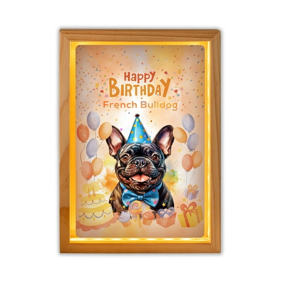 Watercolor French Bulldog Happy Birthday Celebration Balloons Gift Party Acrylic Plaque with Wood Photo Frame Box Dog Lover Gifts Light Box - 00028