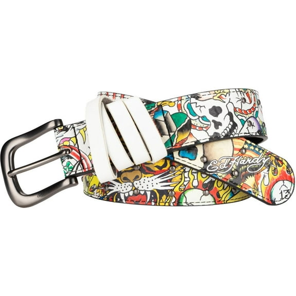 Ed Hardy Men's Skull Tiger Panther Print Black White With Hammered Rivet Studs (34, White)