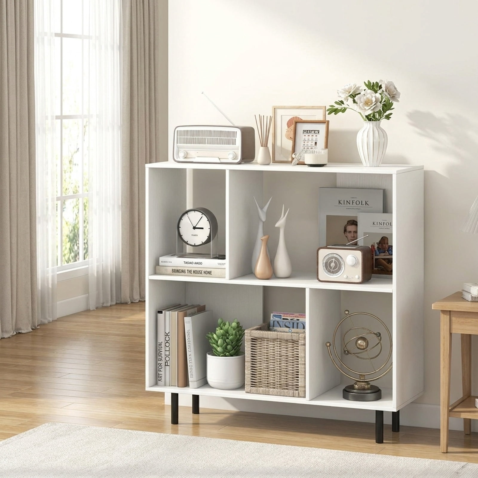 Furnibear Open Shelf Bookcase with 4 Compartments for Living Room Home Office Bedroom Display Storage Shelf, White
