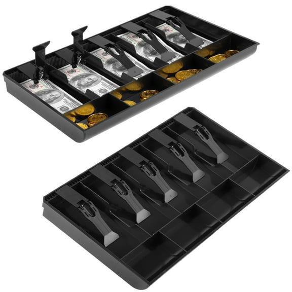 2 PCS Cash Register Drawer Insert Trays, 5 Bill & 4 Coin Compartments, Black Plastic Money Storage Case, Spring Clip Money Organizer for Banks Supermarkets Stores