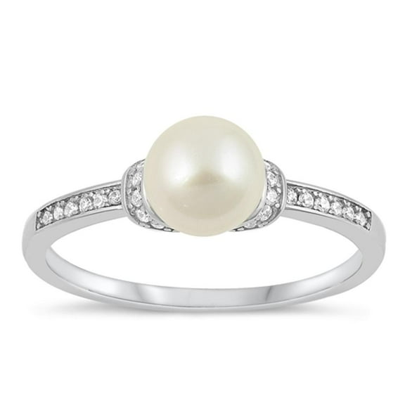 Clear Cubic Zirconia Simulated Pearl Ring .925 Sterling Silver Band White Jewelry Female Male Size 8