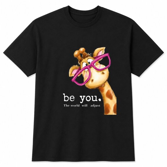 Giraffe Graphic T-Shirt, Be You Quote Tee, Short Sleeve Crew Neck Unisex Cotton Blend Top