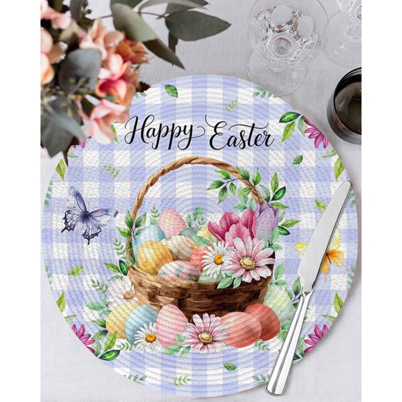 13 Inch Round Placemats Set of 6, Easter Eggs Non Slip Heat Insulation PP Table Mats, Watercolor Flowers Plants Eggs Butterfly Blue Plaid Washable Place Mats for Kitchen Dining Party Table Decor