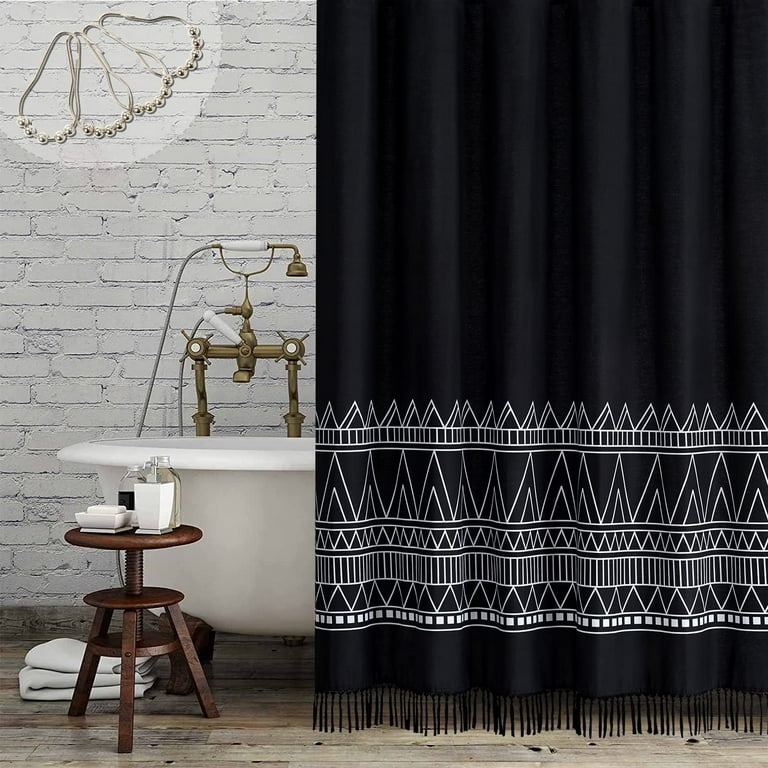 Boho Fabric Shower Curtain - 100% Cotton Abstract Farmhouse Tribal Bath  Curtain with Tassel, Modern Geometric Decor, Nordic Chic Bohemian Shower  Curtains set with 12 Metal Hooks - 72 x 72 - Black 
