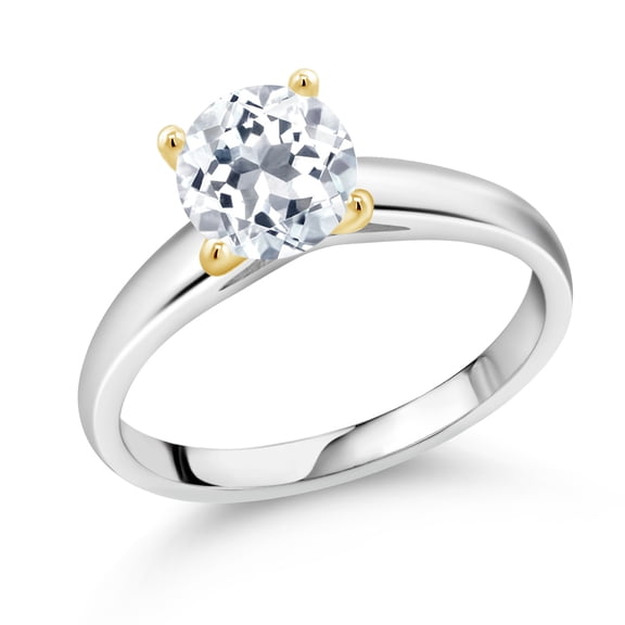 Gem Stone King 1.65 Ct 7mm Round White Topaz 925 Silver and 10K Yellow Gold Ring Ring (Size 7)