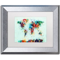 Trademark Fine Art "World Map Paint Splashes" Canvas Art by Michael Tompsett, White Matte, Silver Frame