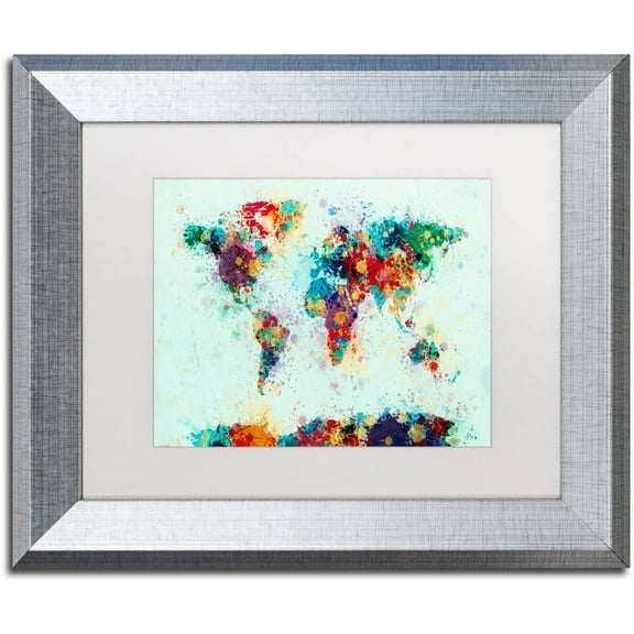 Trademark Fine Art "World Map Paint Splashes" Canvas Art by Michael Tompsett, White Matte, Silver Frame
