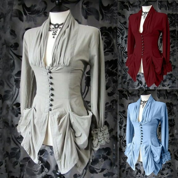 Fancifize Womens Vintage Medieval Dress V Neck Long Sleeve Irregular Dresses Button Down Casual Elegant Outfits Outwear