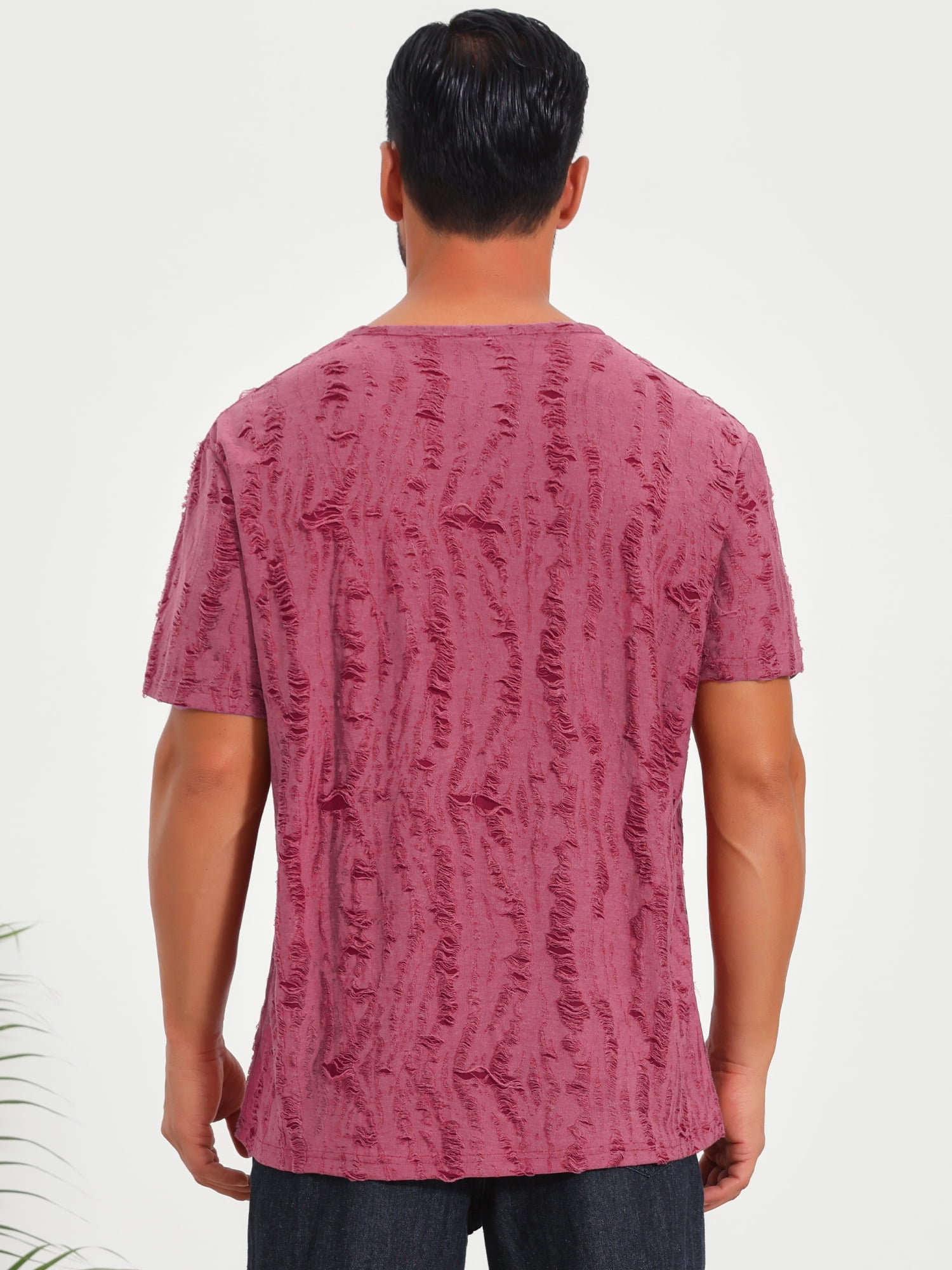 DARING DIVA Men's Ripped Henley Retro Short Sleeve Button Down T-Shirt L Red