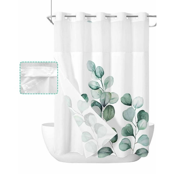 No Hook Shower Curtain with Snap in Liner, Green Eucalyptus Leaves Branches Hotel Shower Curtains for Bathroom, Washable Shower Curtain Liner Set with Mesh Top Window, 72"x96"