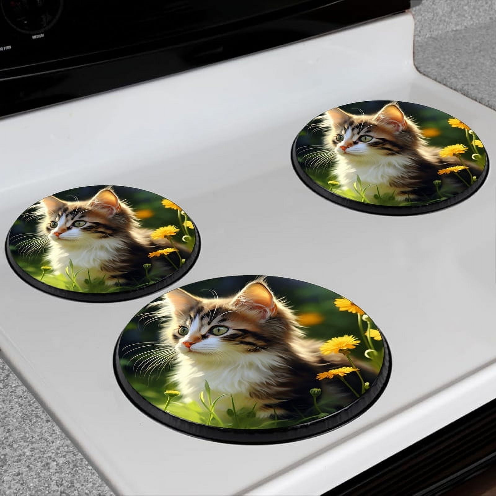 Bahomeck Electric Stove Burner Covers Set Of 4,Fluffy Cat With Long Fur And Striking Green Eyes Metal Gas Stove Burner Covers,Protecting Gas Stoves,8 Inch And 10 Inch