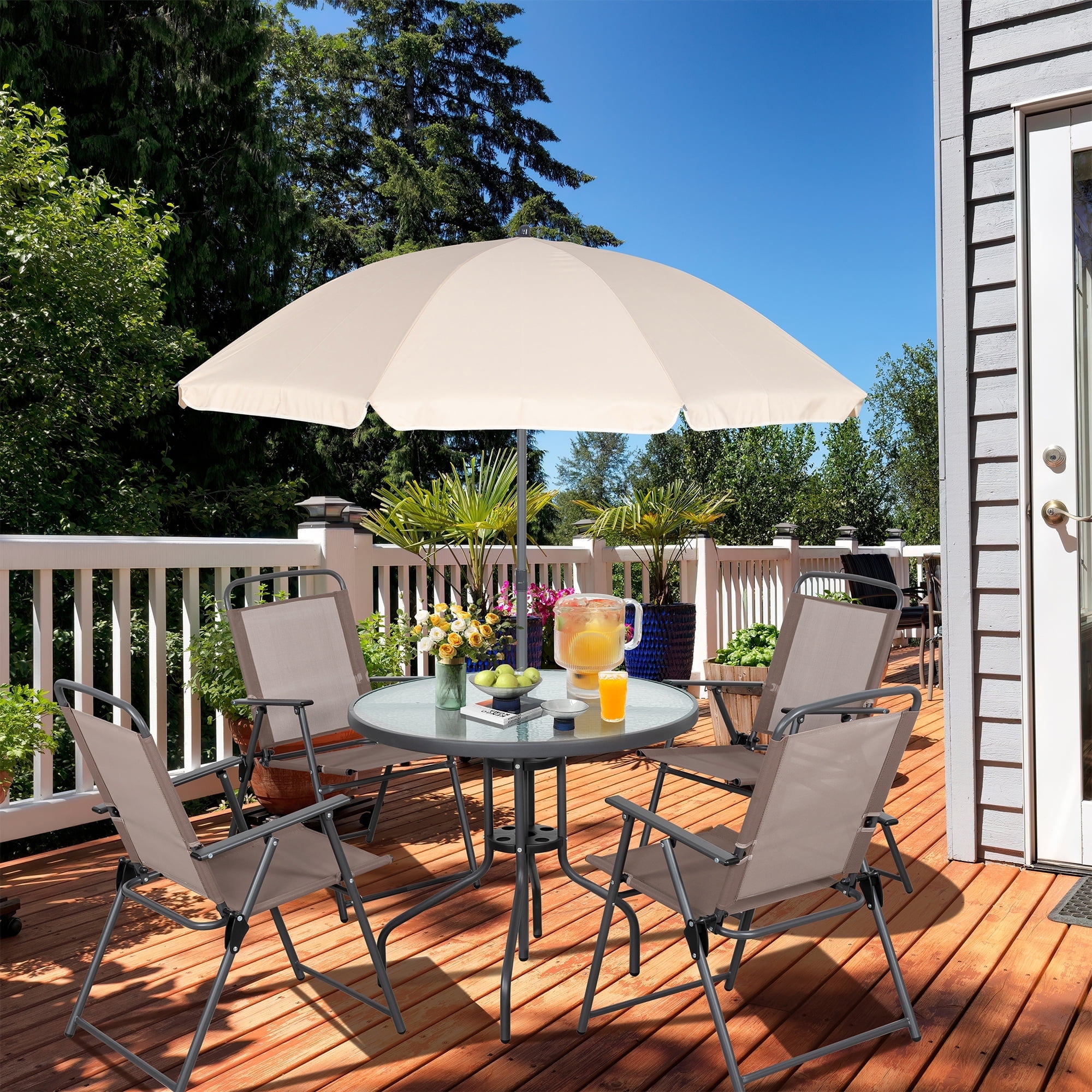 Sobaniilo 6 Piece Folding Outdoor Dining Set with Umbrella, Metal Patio Garden Patio Furniture Table and Chair Set, Brown