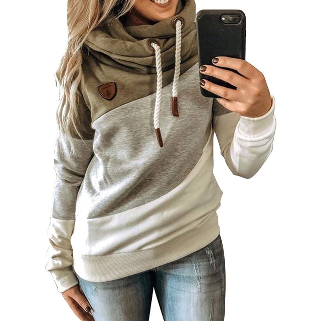 Womens Cowl Neck Color Block Striped Drawstring Sweatshirt Pullover Long Sleeve Hoodie Casual Tunic Tops
