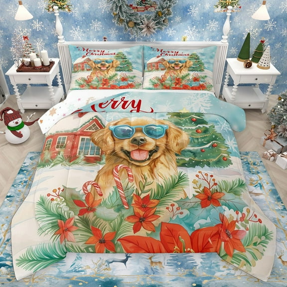 Homewish Cartoon Dog Bedding Comforter Set 2pcs for Kids Teens Adults,Happy Xmas Tree Twin Comforter Sets Microfiber,Merry Christmas Breathable Bedding Set,Lightweight Room Decor,Reversible