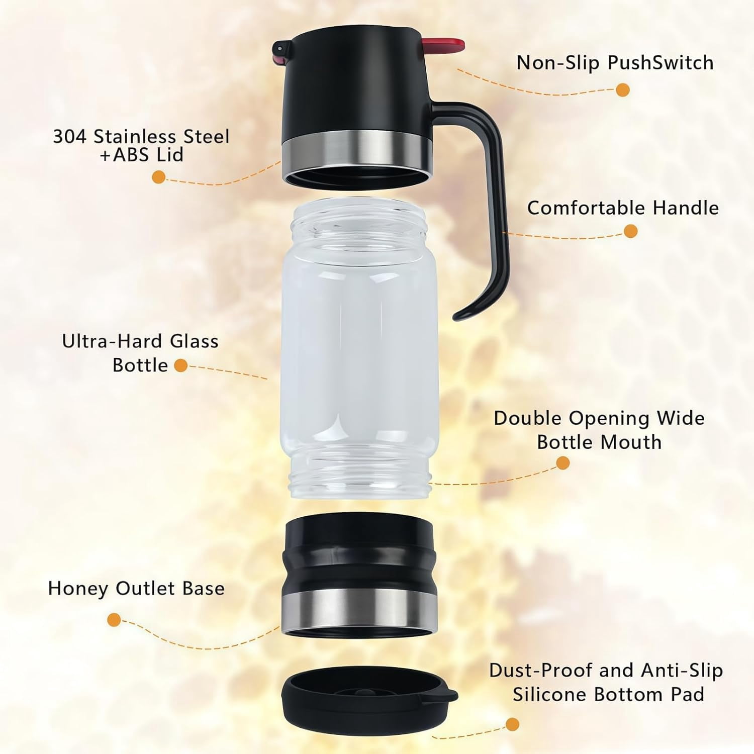 Honey Dispenser No Drip Glass with Stand,Honey Dispenser Pot,12oz Glass Honey Jar Pot with Handle for Honey, Maple Syrup, Coffee, Tea & Pancakes (2pcs)