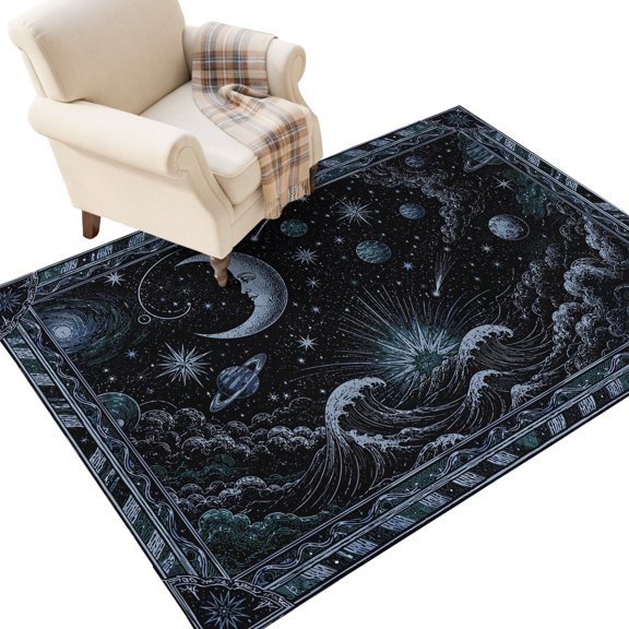 Mystical Midnight Washable Area Rug 2.7 x 5 ft Fantasy Black Night Ocean Waves Stars Moon Face Soft Non‑Slip Rugs Stain Repellent Indoor Mats for Kitchen Aisle, Foyer, Foot‑of‑Bed, Mudroom