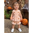 thumbnail image 5 of RUINIXCW Toddler Baby Girl Halloween Outfit Infant Baby Girls Summer Fall Clothes Ghost Pumpkin Embroidery Bows Tank Top with Shorts Set, 5 of 9