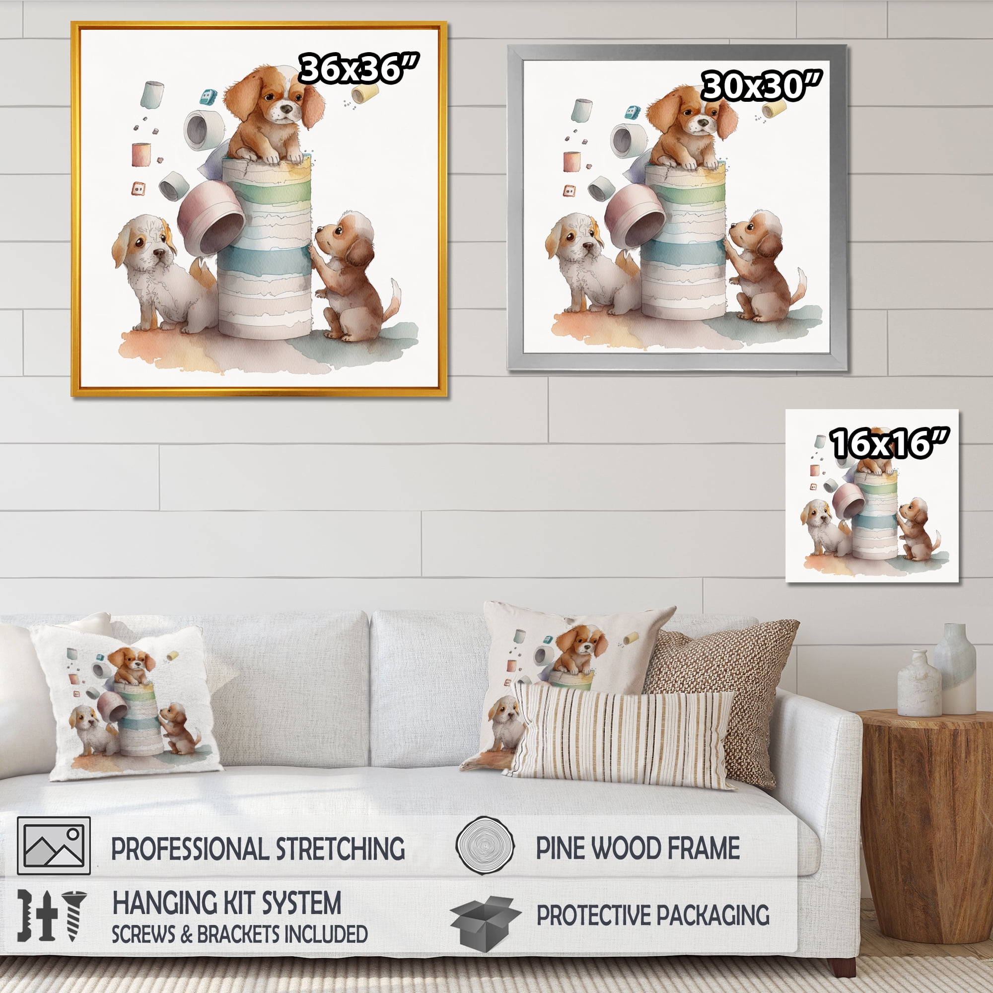 Designart Dogs Building A Tower Of Toilet Paper Canvas Wall Art
